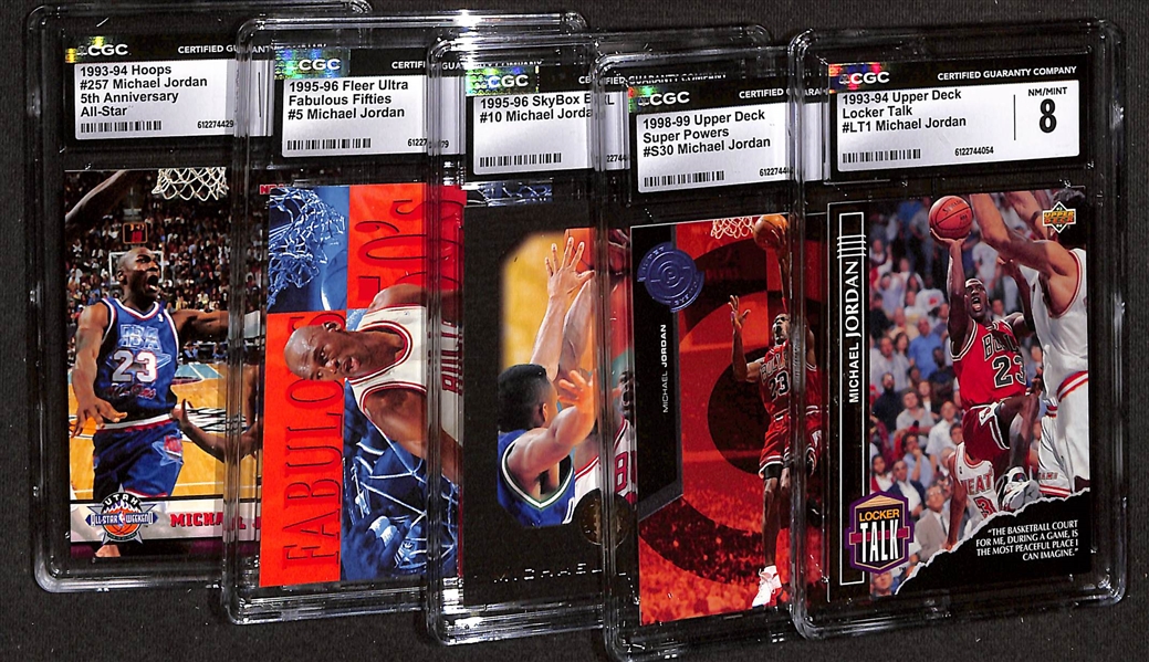 Lot of (5) 1993-99 CGC Graded Michael Jordan Basketball Cards w. 1993-94 Upper Deck Locker Talk CGC 8