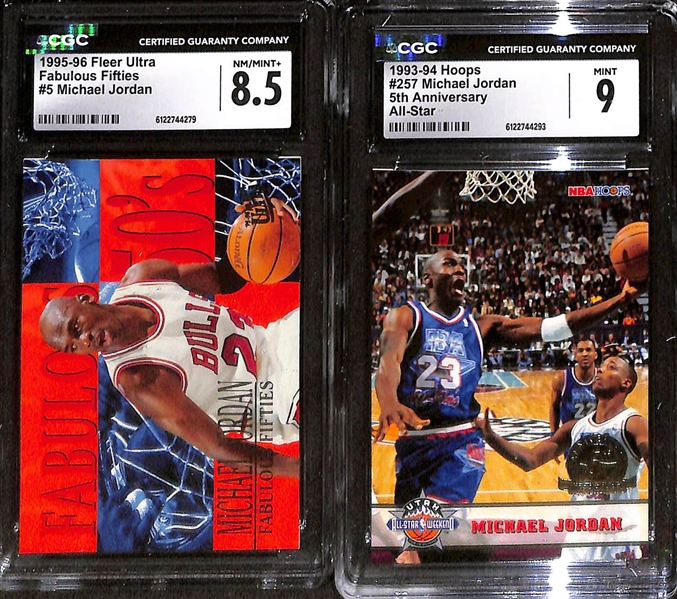 Lot of (5) 1993-99 CGC Graded Michael Jordan Basketball Cards w. 1993-94 Upper Deck Locker Talk CGC 8