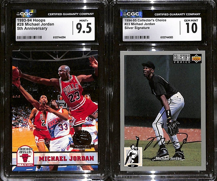 1993-94 Hoops Michael Jordan 5th Anniversary #28 CGC 9.5 & 1994-95 Collector's Choice Michael Jordan #23 Silver Signature CGC 10