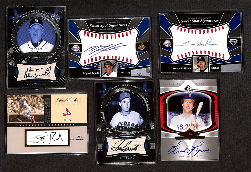 (34) 2004 Baseball Manufacturer Certified Autograph Cards w. Trammell, Tejada, T. Hoffman, Rolen, Santo, F. Lynn, Gooden, Kingman, Hudson, (2) T. Hunter, B. Webb, Klesko, +