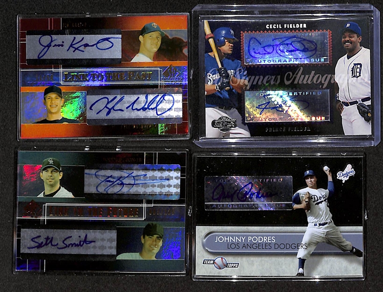 (43) Baseball Manufacturer Certified Autograph Cards w. 10 Multi-Signed Cards - Inc. Kaat, C. Fielder/P. Fielder, Todd Helton, Podres, Tanana, Rowand, Gagne, Uggla, Henson, +