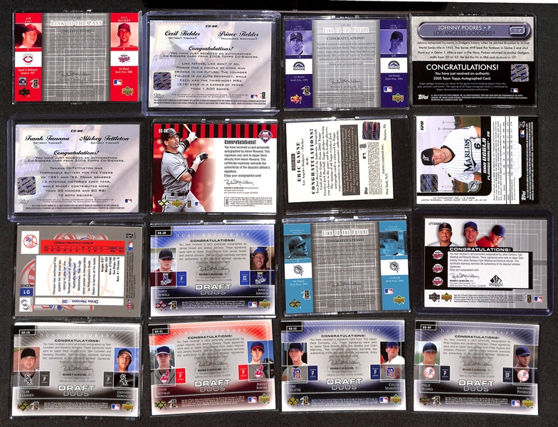 (43) Baseball Manufacturer Certified Autograph Cards w. 10 Multi-Signed Cards - Inc. Kaat, C. Fielder/P. Fielder, Todd Helton, Podres, Tanana, Rowand, Gagne, Uggla, Henson, +