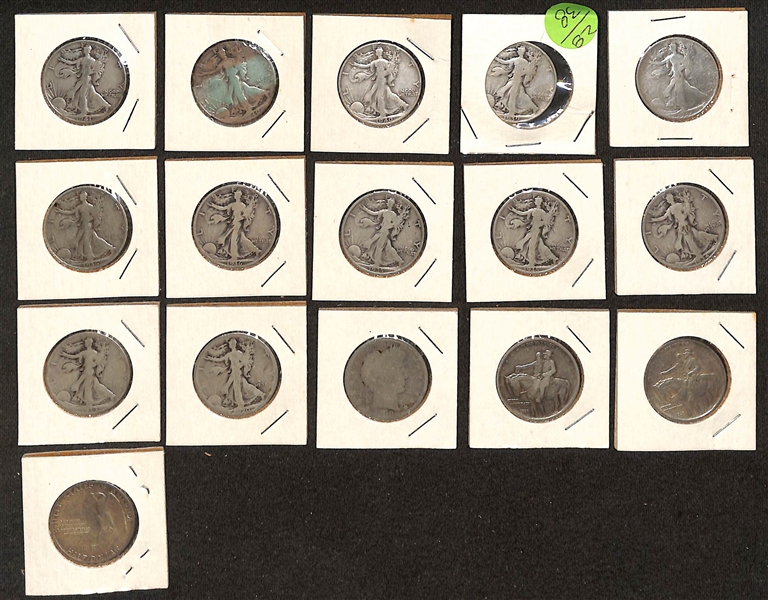  Lot of (12) Walking Liberty Silver Half Dollars, (1) Barber Silver Half Dollar, & (3) Stone Mountain Commemorative Silver Half Dollars