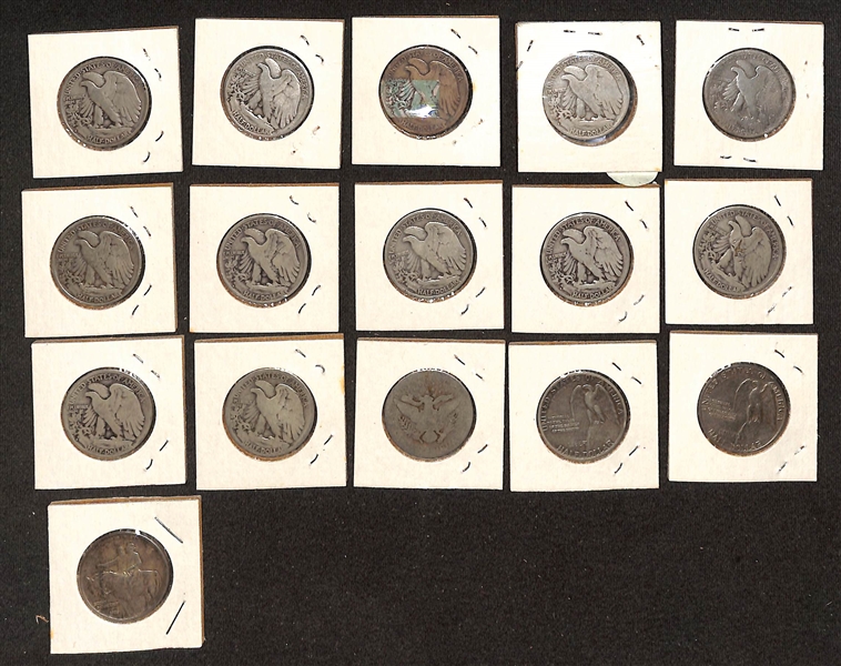  Lot of (12) Walking Liberty Silver Half Dollars, (1) Barber Silver Half Dollar, & (3) Stone Mountain Commemorative Silver Half Dollars