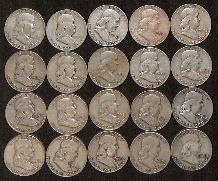  Lot of (20) 1951-1960 Franklin Silver Half Dollars