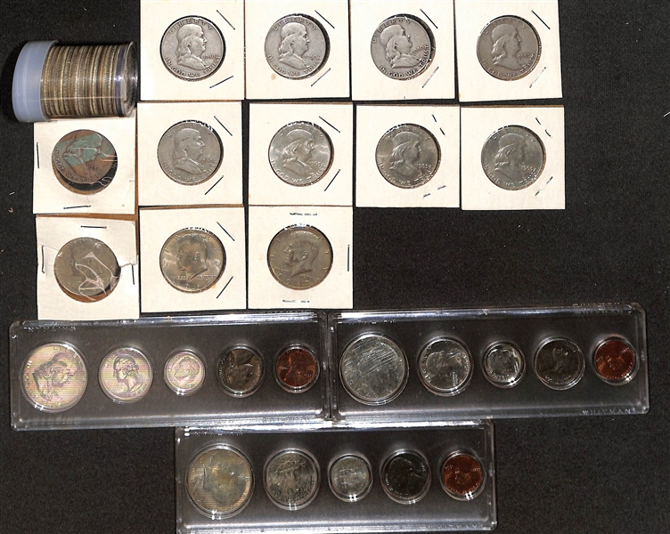  Lot of (11) Franklin & Kennedy Silver Half Dollars, (21) Kennedy Silver Clad Half Dollars, & (3) Silver Proof Sets from 1963 & 1964