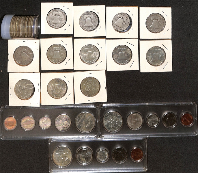  Lot of (11) Franklin & Kennedy Silver Half Dollars, (21) Kennedy Silver Clad Half Dollars, & (3) Silver Proof Sets from 1963 & 1964