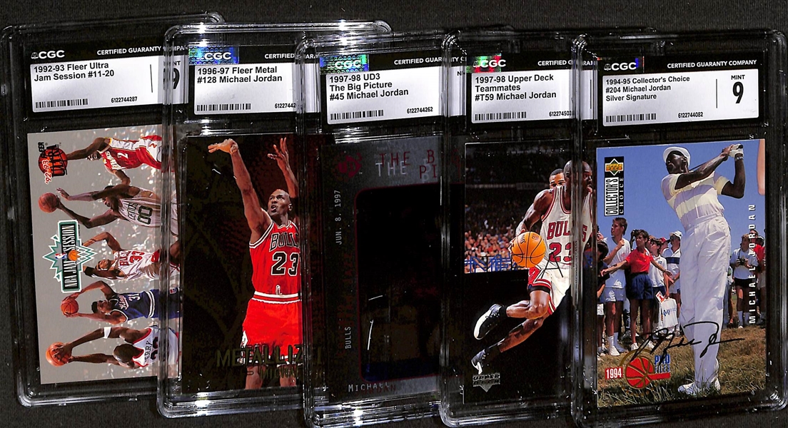 Lot of (5) 1992-98 CGC Graded Michael Jordan Basketball Cards w. 1997-98 Upper Deck Teammates #T59 CGC 9