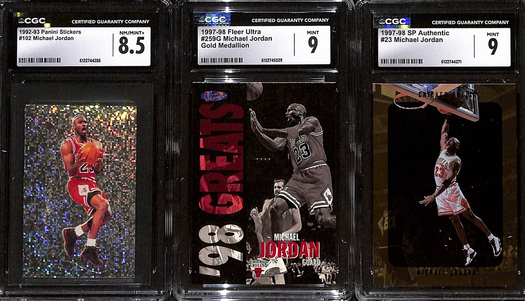 Lot of (3) 1992-98 CGC Graded Michael Jordan Cards w. 1992-93 Panini Stickers #102 CGC 8.5