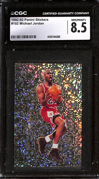 Lot of (3) 1992-98 CGC Graded Michael Jordan Cards w. 1992-93 Panini Stickers #102 CGC 8.5