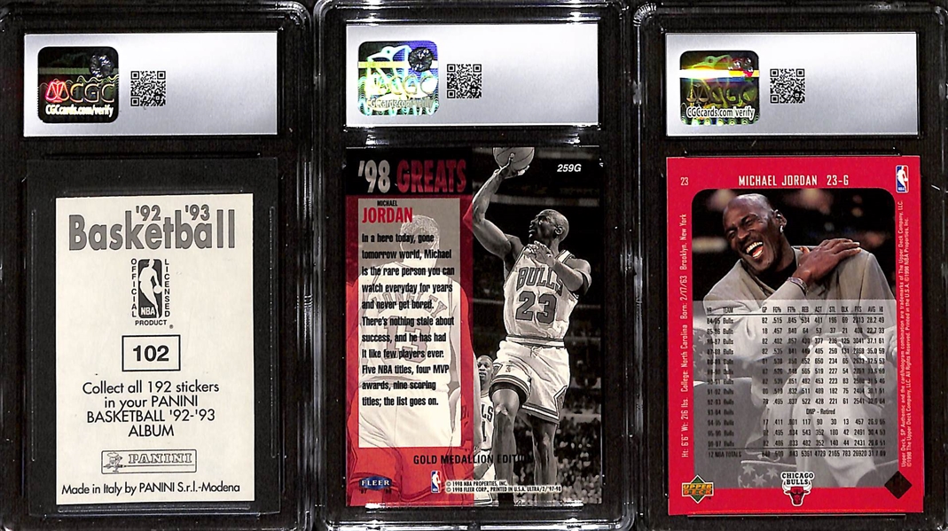 Lot of (3) 1992-98 CGC Graded Michael Jordan Cards w. 1992-93 Panini Stickers #102 CGC 8.5