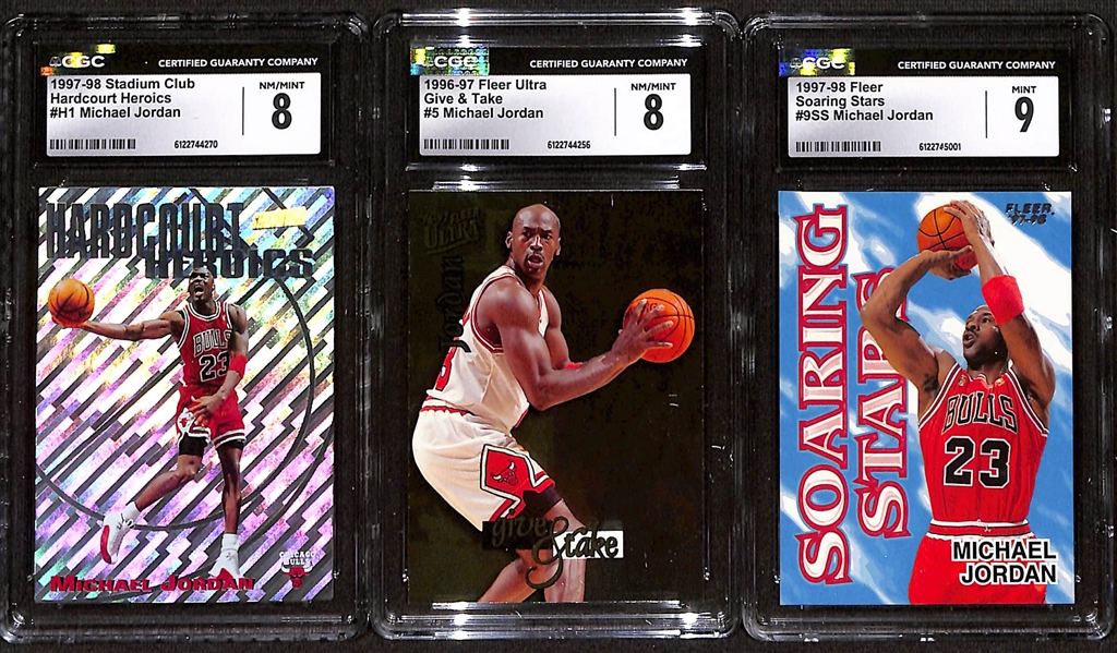 Lot of (3) 1996-98 CGC Graded Michael Jordan Cards w. 1997-98 Stadium Club Hardcourt Heroics CGC 8
