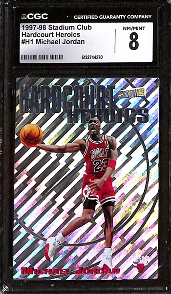 Lot of (3) 1996-98 CGC Graded Michael Jordan Cards w. 1997-98 Stadium Club Hardcourt Heroics CGC 8
