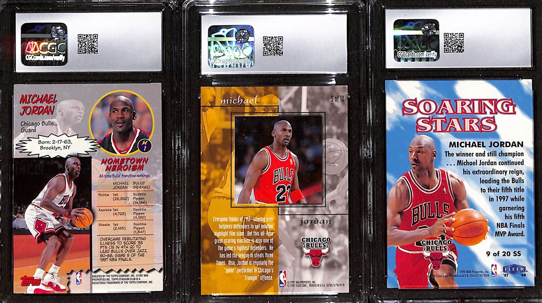 Lot of (3) 1996-98 CGC Graded Michael Jordan Cards w. 1997-98 Stadium Club Hardcourt Heroics CGC 8