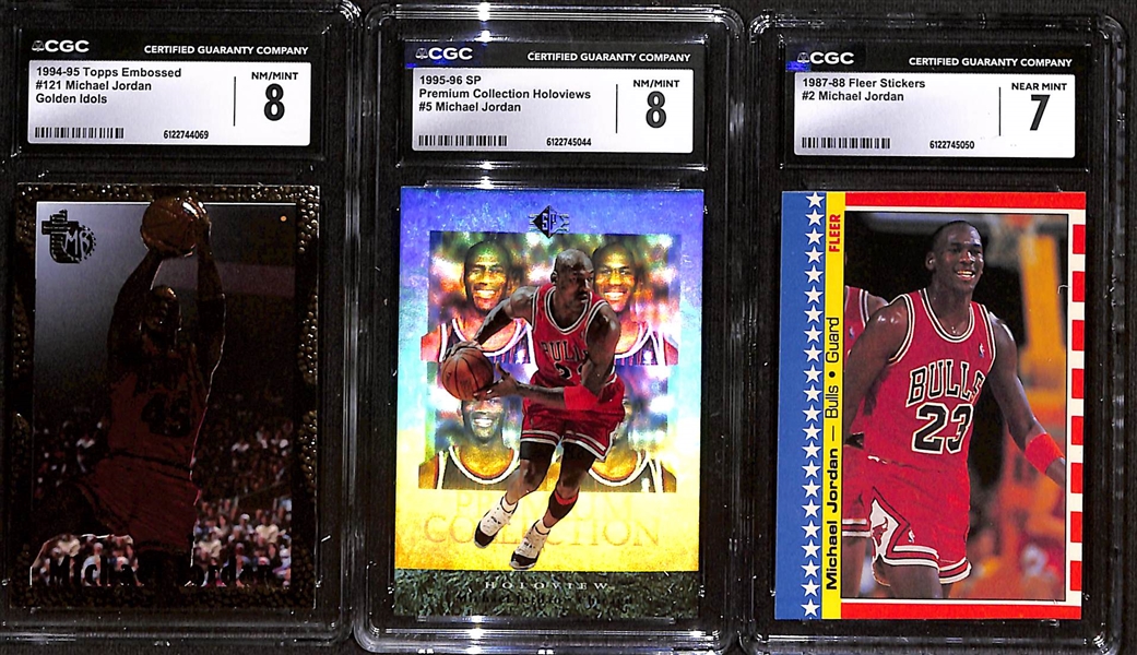 Lot (3) 1987-96 CGC Graded Michael Jordan Cards w. 1994-95 Topps Embossed Golden Idols CGC 8