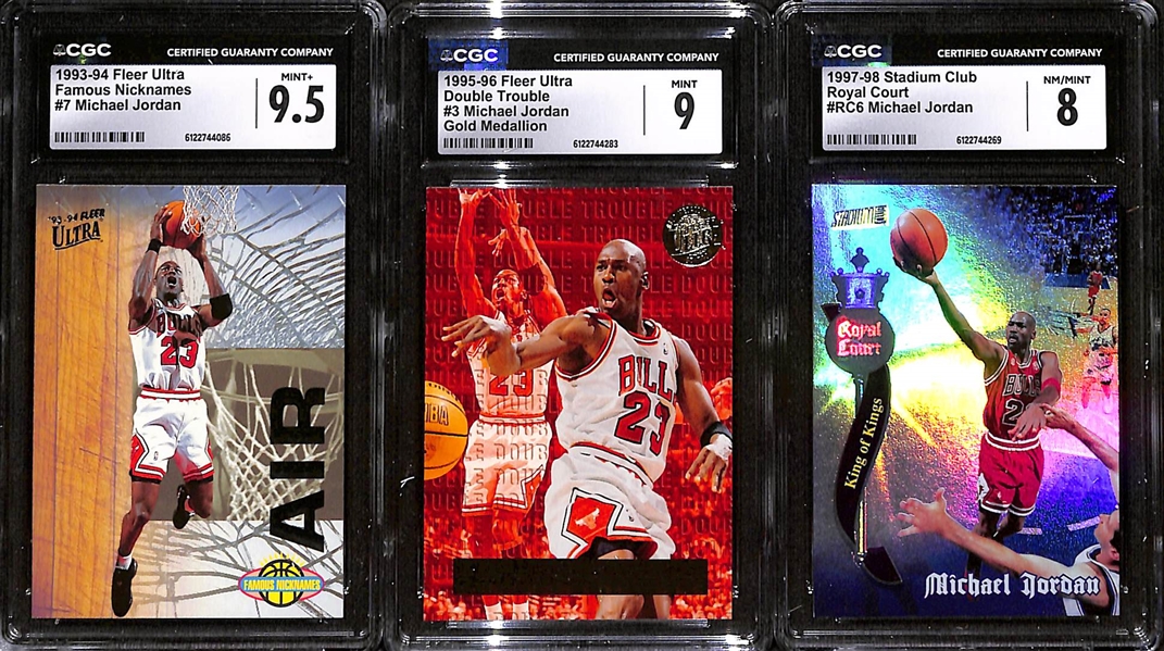 Lot of (3) 1993-98 CGC Graded Michael Jordan Cards w. 1993-94 Fleer Ultra Famous Nicknames #7 CGC 9.5