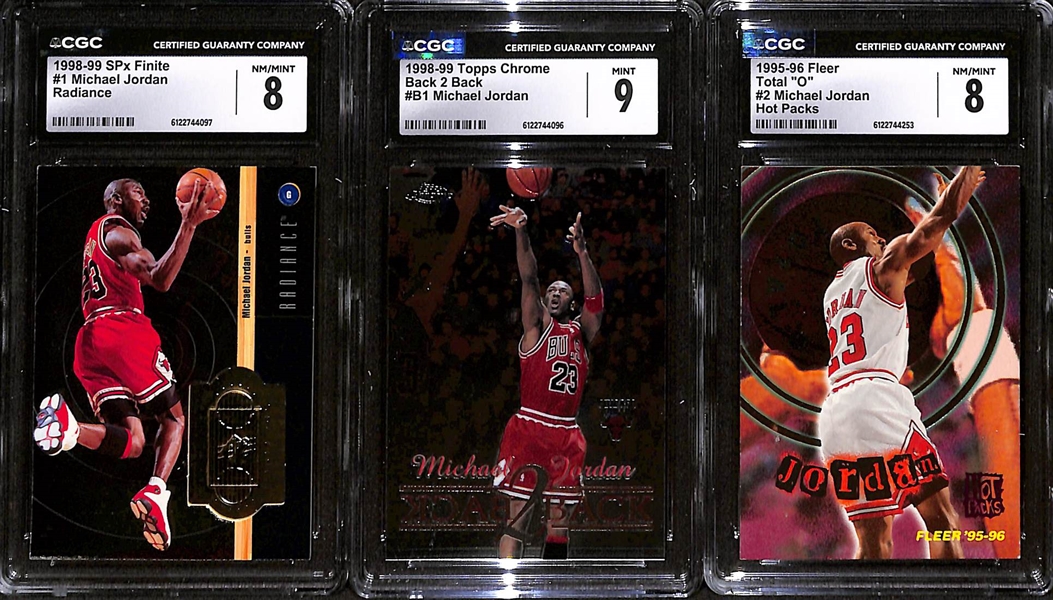 Lot of (3) 1995-99 CGC Graded Michael Jordan Cards w. 1998-99 SPx Finite Radiance #4042/5000 CGC 8