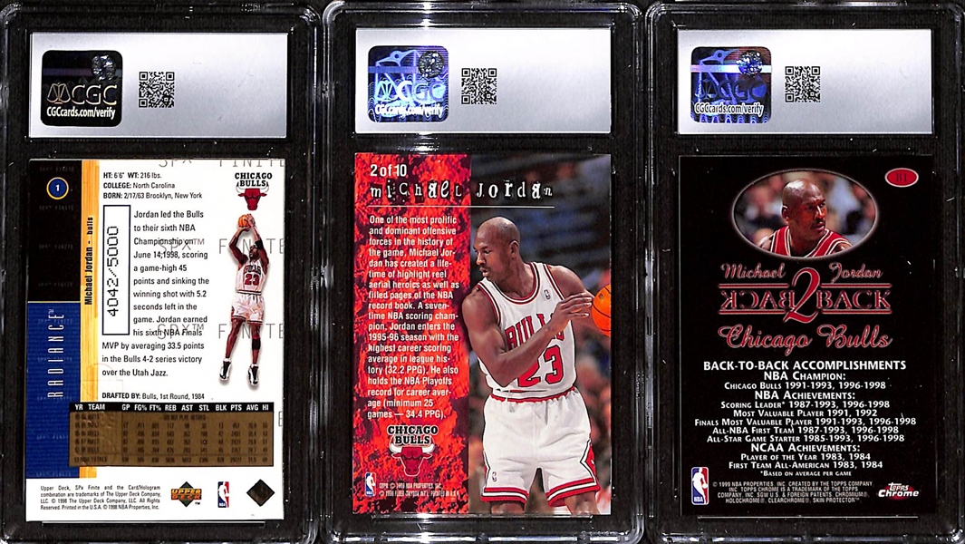 Lot of (3) 1995-99 CGC Graded Michael Jordan Cards w. 1998-99 SPx Finite Radiance #4042/5000 CGC 8