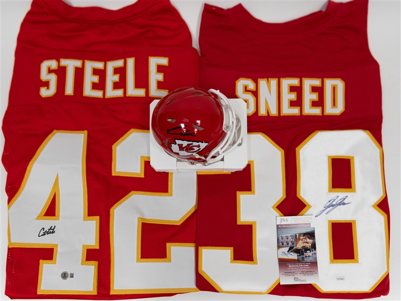 Lot (2) Signed Kansas City Chiefs Jerseys & (1) Signed Chiefs Mini Helmet w. L'Jarius Sneed, Carson Steel, Felix Anudike-Uzomah’s (JSA/BAS)