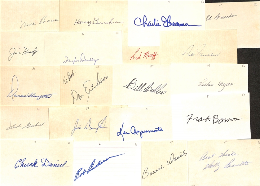 90+ Signed Baseball Index Cards (Mostly Players From 1920s-1960s) Inc. Rex Barney, Clay Bryant, Bobby Adams, Al Campanis, Soup Campbell, Gene Baker, Joe Moore, + (JSA Auction Letter)