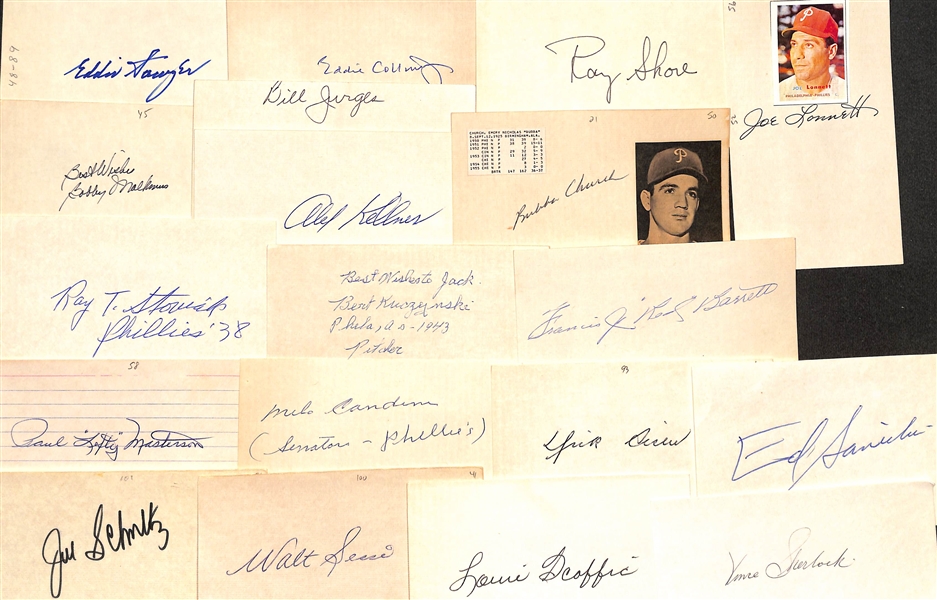 85+ Signed Baseball Index Cards (Mostly Players From 1920s-1960s) Inc. Eddie Sawyer, Eddie Collins Jr., Ray Shore, Bobby Malkmus, Bill Jurges, Alex Kellner, Bubba Church, + (JSA Auction Letter)