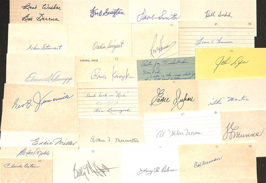85+ Signed Baseball Index Cards (Mostly Players From 1920s-1960s) Inc. Eddie Sawyer, Eddie Collins Jr., Ray Shore, Bobby Malkmus, Bill Jurges, Alex Kellner, Bubba Church, + (JSA Auction Letter)