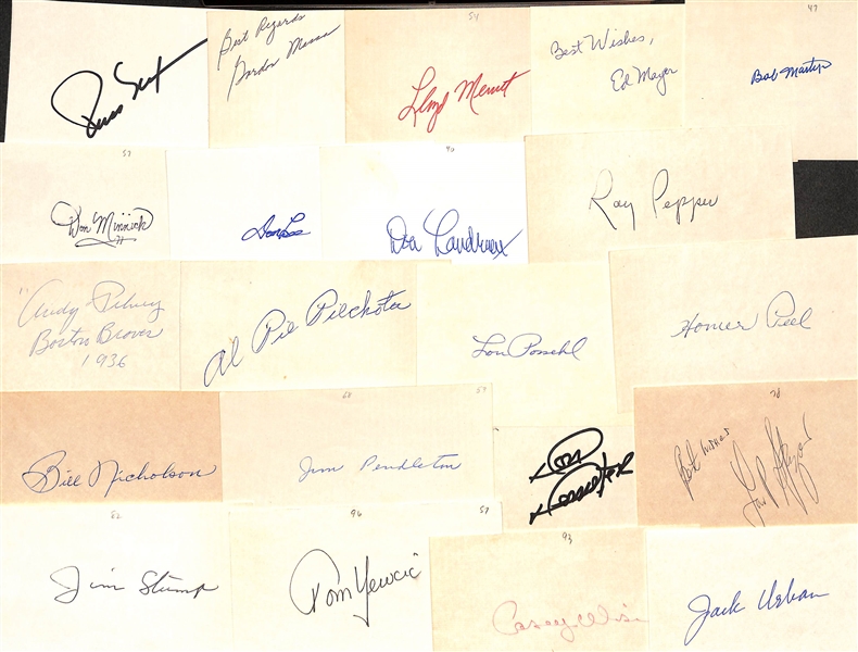 85+ Signed Baseball Index Cards (Mostly Players From 1920s-1960s) Inc. Eddie Sawyer, Eddie Collins Jr., Ray Shore, Bobby Malkmus, Bill Jurges, Alex Kellner, Bubba Church, + (JSA Auction Letter)