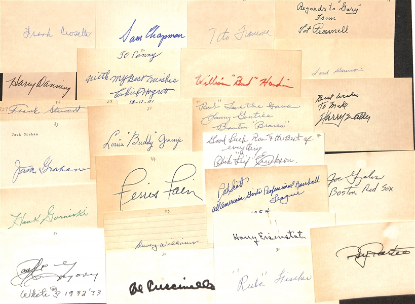90+ Signed Baseball Index Cards (Mostly Players From 1920s-1960s) Inc. Harry Danning, Frank Crosetti, Sam Chapman, Ferris Fain, Harry Walker, Frank Stewart, Tot Pressnell, Chief Hogsett, + (JSA...