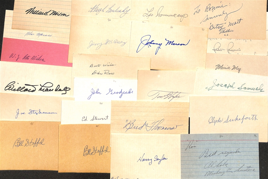 90+ Signed Baseball Index Cards (Mostly Players From 1920s-1960s) Inc. Harry Danning, Frank Crosetti, Sam Chapman, Ferris Fain, Harry Walker, Frank Stewart, Tot Pressnell, Chief Hogsett, + (JSA...