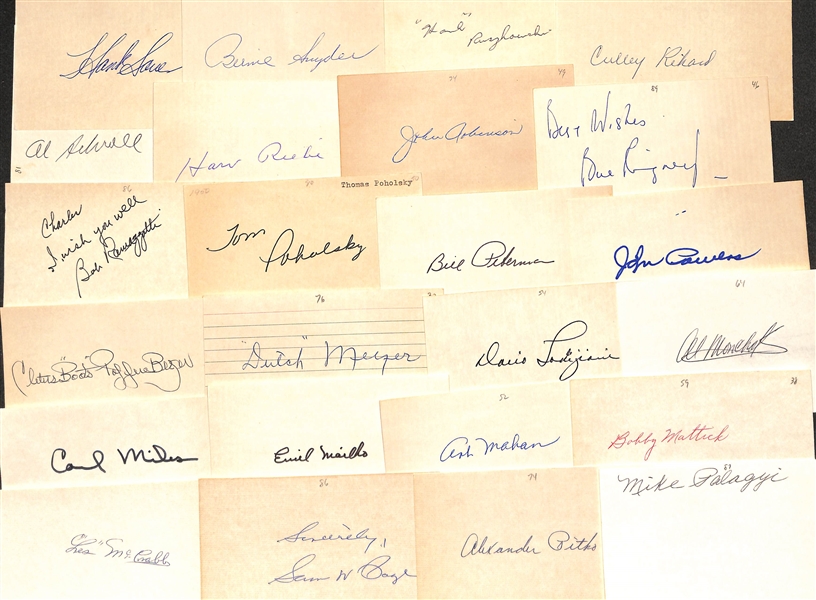 90+ Signed Baseball Index Cards (Mostly Players From 1920s-1960s) Inc. Harry Danning, Frank Crosetti, Sam Chapman, Ferris Fain, Harry Walker, Frank Stewart, Tot Pressnell, Chief Hogsett, + (JSA...