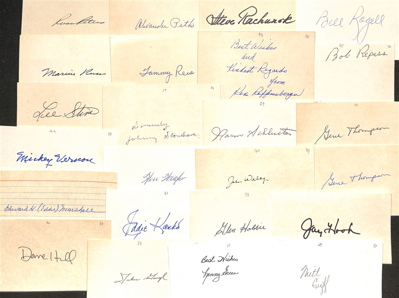 90+ Signed Baseball Index Cards (Mostly Players From 1920s-1960s) Inc. Harry Danning, Frank Crosetti, Sam Chapman, Ferris Fain, Harry Walker, Frank Stewart, Tot Pressnell, Chief Hogsett, + (JSA...
