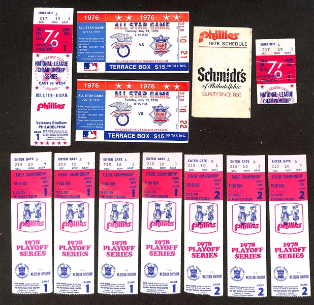 Lot w. (1) 1976 N.L. Championship Series , (2) 1976 MLB All-Star Game & (7) 1978 Playoff Series Game Tickets