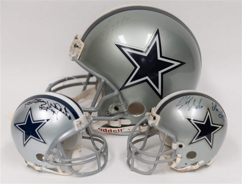 Signed Full Size Troy Aikman Dallas Cowboy Helmet & (2) Signed Cowboy Mini Helmets w. Randy White (+JSA Auction Letter)