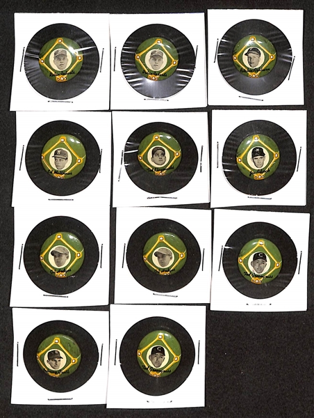 Lot of (11) 1956 PM15 Yellow Basepath Pins w. (2) Robin Roberts & Richie Ashburn