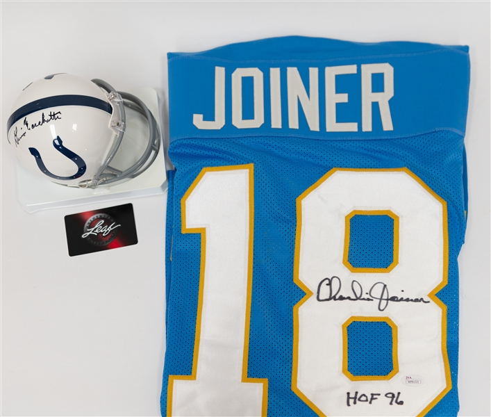 Lot of (2) Signed Football Memorabilia Pieces w. Charlie Joiner (JSA) & Gino Marchetti Mini Helmet (Leaf)
