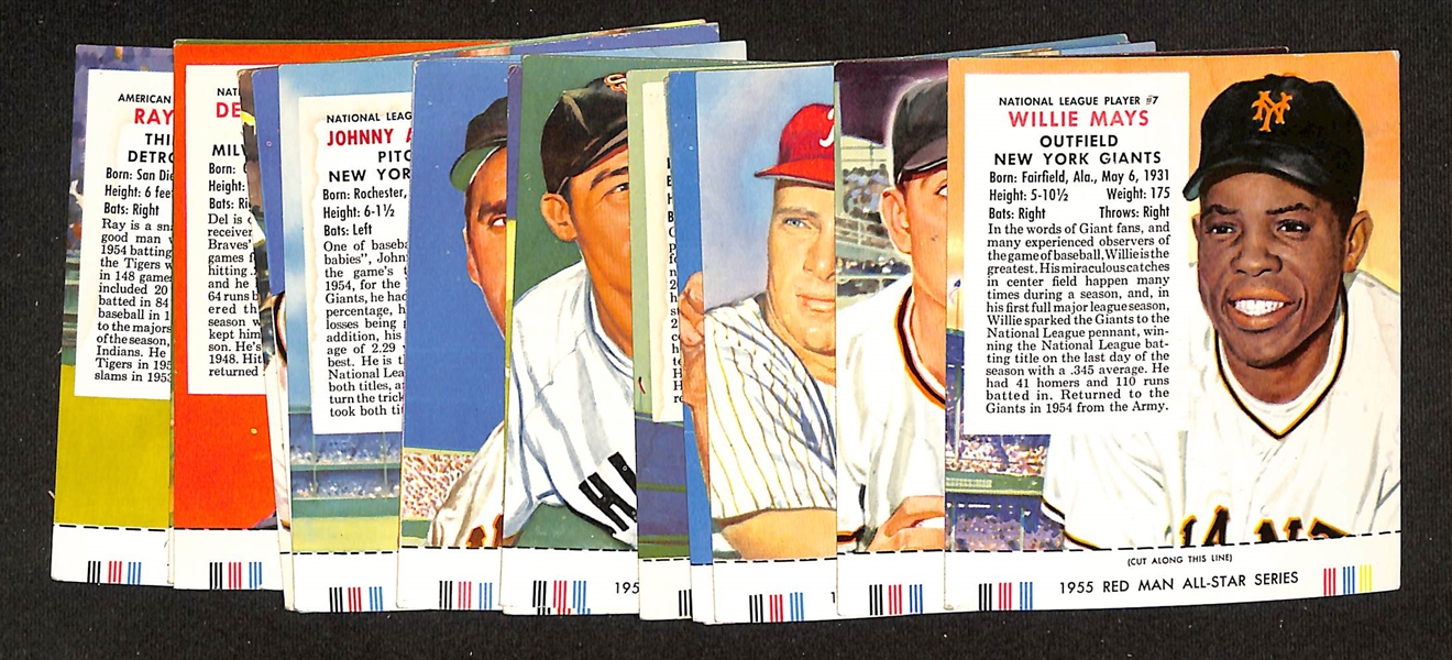 Lot of (15) Different 1955 Red Man Tobacco Cards with Tabs w. Willie Mays
