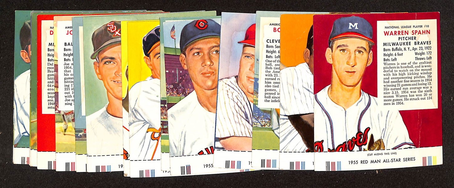 Lot of (16) Different 1955 Red Man Tobacco Cards with Tabs w. Warren Spahn