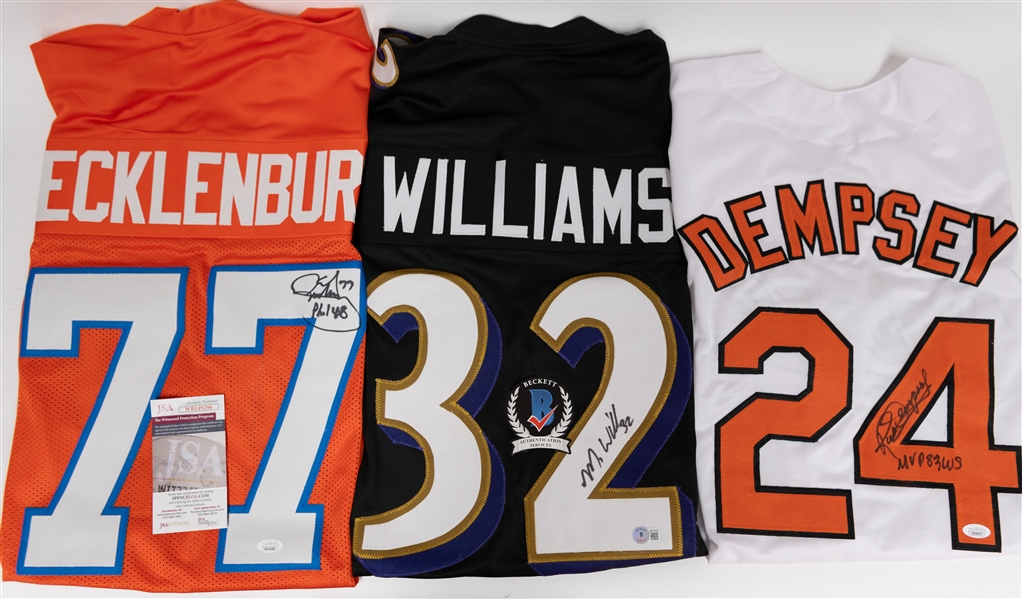 Lot of (2) Signed Custom Football Jerseys  & (1) Rick Dempsey Signed Orioles Jersey (JSA/Beckett)