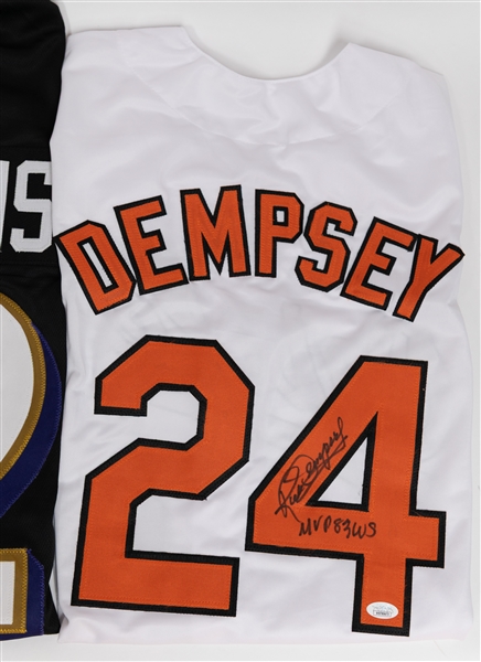 Lot of (2) Signed Custom Football Jerseys  & (1) Rick Dempsey Signed Orioles Jersey (JSA/Beckett)