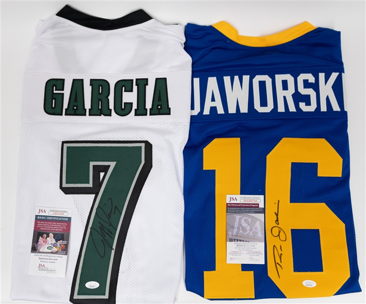 Lot of (2) Signed Custom Football Jerseys w. Ron Jaworski & Jeff Garcia  (JSA COAs)