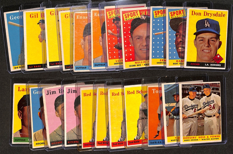 Lot of (22) 1958 Topps Baseball Cards w. Don Drysdale & Hank Aaron All Star