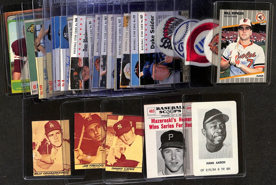 Lot of (28) 1959-1989 Assorted Baseball & Football Cards, Inserts, & Patches w. 1989 Fleer Billy Ripken FF Card