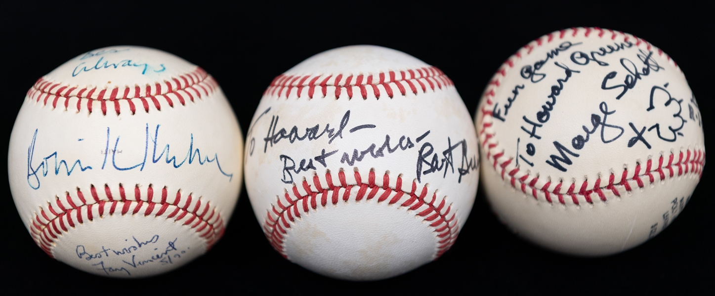 Lot of (3) Personalized and Signed Baseballs from the Howard Greene Collection w. Marge Schott, Bart Giamatti, Bowie Kuhn, & Fay Vincent (JSA Auction Letter)