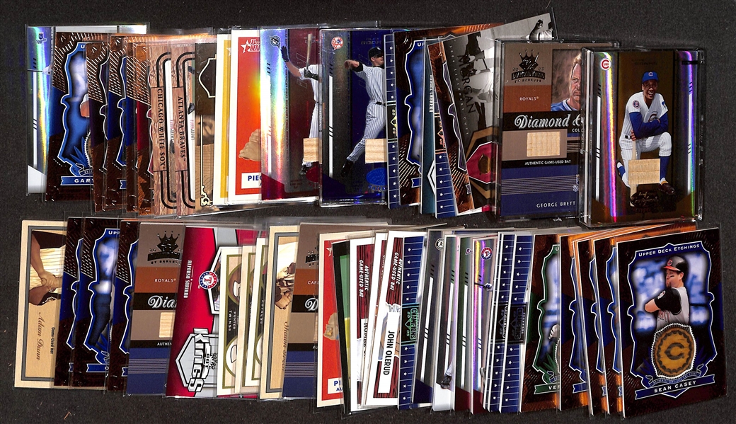 (52) Game-Used Baseball Bat Relic Cards w. Ernie Banks (#/25, George Brett, Joe Morgan, Chipper Jones, Miguel Cabrera, Randy Johnson, Al Kaline, Alex Rodriguez, +