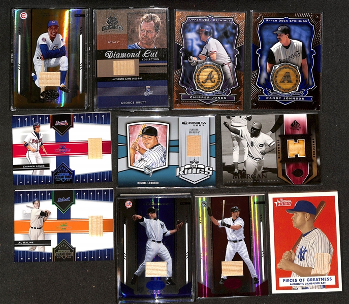 (52) Game-Used Baseball Bat Relic Cards w. Ernie Banks (#/25, George Brett, Joe Morgan, Chipper Jones, Miguel Cabrera, Randy Johnson, Al Kaline, Alex Rodriguez, +