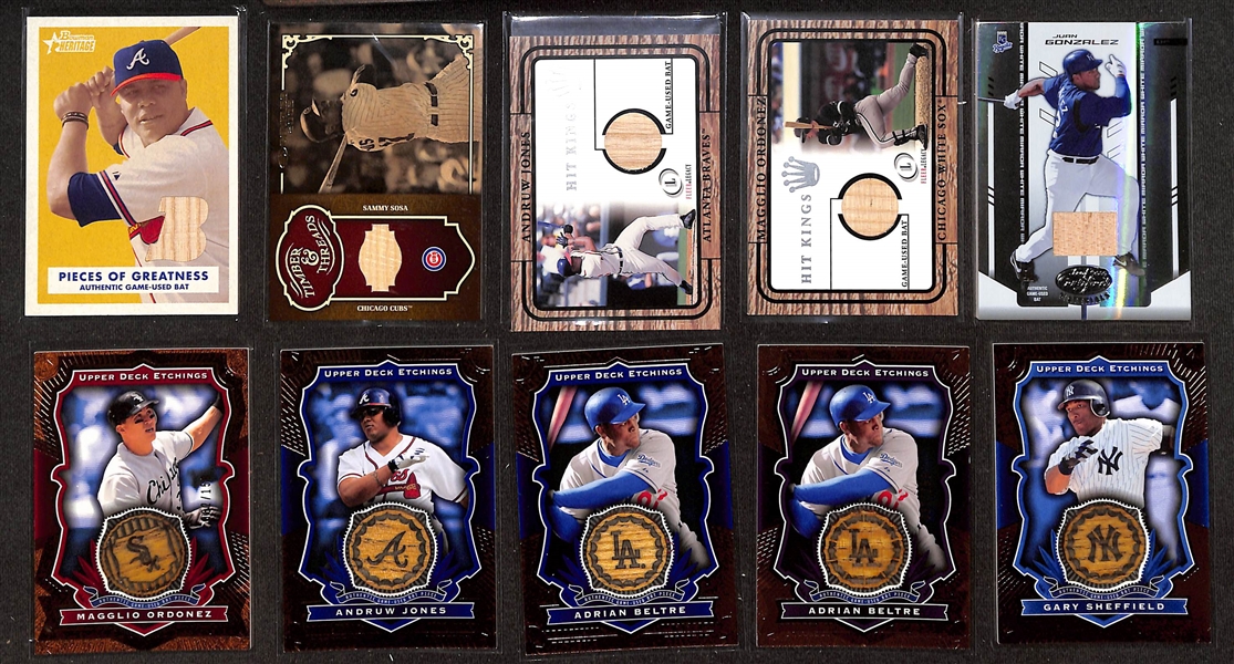 (52) Game-Used Baseball Bat Relic Cards w. Ernie Banks (#/25, George Brett, Joe Morgan, Chipper Jones, Miguel Cabrera, Randy Johnson, Al Kaline, Alex Rodriguez, +