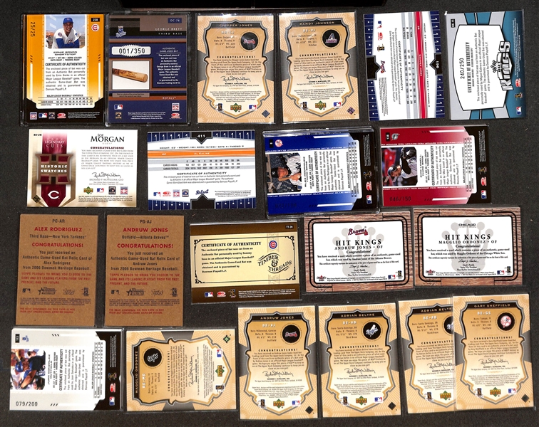 (52) Game-Used Baseball Bat Relic Cards w. Ernie Banks (#/25, George Brett, Joe Morgan, Chipper Jones, Miguel Cabrera, Randy Johnson, Al Kaline, Alex Rodriguez, +