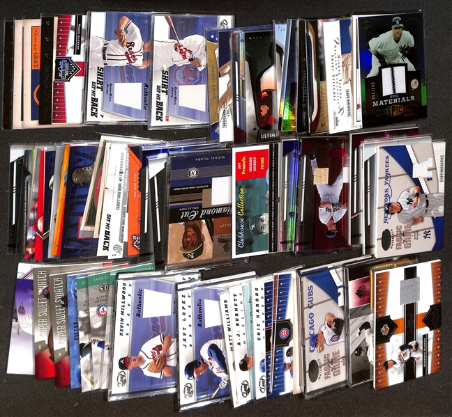 (65) Game-Used Baseball Jersey Relic Cards w. Jeter, Pujols, Banks, Bonds, Gwynn, Randy Johnson, Killebrew, McCovey, Yaz, Piazza, Halladay, +