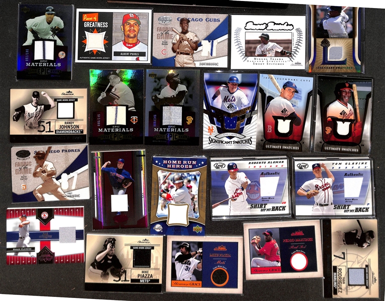 (65) Game-Used Baseball Jersey Relic Cards w. Jeter, Pujols, Banks, Bonds, Gwynn, Randy Johnson, Killebrew, McCovey, Yaz, Piazza, Halladay, +