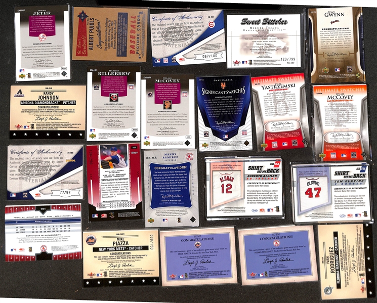 (65) Game-Used Baseball Jersey Relic Cards w. Jeter, Pujols, Banks, Bonds, Gwynn, Randy Johnson, Killebrew, McCovey, Yaz, Piazza, Halladay, +